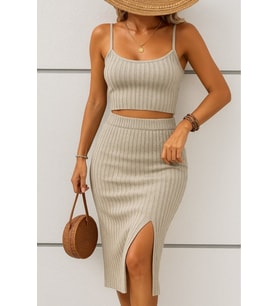 Kadın Kolsuz Askılı Crop Yırtmaçlı Midi Etek Fitilli Kaşkorse Takım