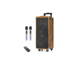Çift Karaoke Mikrofonlu Bluetooth Hoparlör Fm Radyo 50W 2x8 İnç Rgb Kumandalı Ahşap JBR8808