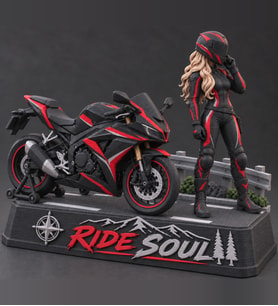Ride Soul Kadın Motosikletçi Figürü Siyah Kırmızı Diorama 3D Baskı Motor Hediyesi
