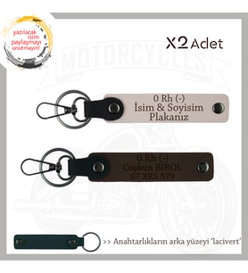 Motosiklet Severlere Özel, İsim Plaka ve 0 Rh (-) Kan Grubu Yazılı x2 Anahtarlık, Pudra-K Kahve-Laci