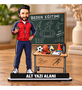 Kişiye Özel Erkek Beden Eğitimi Öğretmeni Karikatürlü 18 cm MDF Masaüstü Biblo - Öğretmen Hediyesi Öğretmene Özel Hediye
