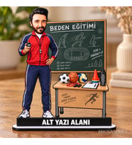 Kişiye Özel Erkek Beden Eğitimi Öğretmeni Karikatürlü 18 cm MDF Masaüstü Biblo - Öğretmen Hediyesi Öğretmene Özel Hediye