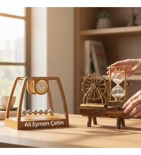 Kişiye Özel Ahşap Masaüstü Newton Beşiği Denge ve Kum Saati