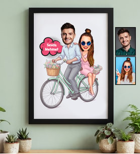 Kişiye Özel Karikatürlü Bisikler Süren Aşıklar Siyah Çerçeve Sevgililer Günü Hediyesi