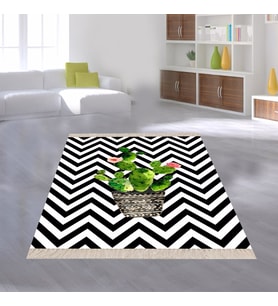 Kaktüs Desenli Zigzag Model Dijital Baskı Yıkanabilir Kaymaz Taban Modern Salon Halısı ve Yolluk (Siyah-Yeşil)