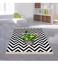 Kaktüs Desenli Zigzag Model Dijital Baskı Yıkanabilir Kaymaz Taban Modern Salon Halısı ve Yolluk (Siyah-Yeşil)