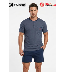 Gd Goldoremi Premium Erkek %100 Pamuklu Düğmeli Yaka Kısa Kol Şortlu Rahat Kalıp Pijama Takım