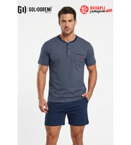 Gd Goldoremi Premium Erkek %100 Pamuklu Düğmeli Yaka Kısa Kol Şortlu Rahat Kalıp Pijama Takım