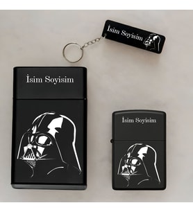 Darth Vader Desenli Kişiye Özel İsimli Çakmak,Metal Tabaka ve Anahtarlık Seti - 3'lü Hediye Set