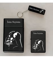 Darth Vader Desenli Kişiye Özel İsimli Çakmak,Metal Tabaka ve Anahtarlık Seti - 3'lü Hediye Set (Siyah)