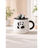 Sevimli Panda Kapaklı Seramik Kupa 500 ml – Panda Figürlü Kapaklı Kupa Bardak (Sarı-Kırmızı-Turuncu)
