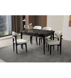 Ortadan Açılır Büyüyen 90x160cm Mermer Desenli Ahşap Salon Yemek Masa Sandalye Takımı 4 Nergis Sanda