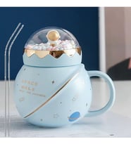 500ml Astronot Serisi Creaktif Uzay Kapaklı Kupa Kaşık Seramik Çay Kahve Bardağı Kız Ve Erkek Seti (Mavi)