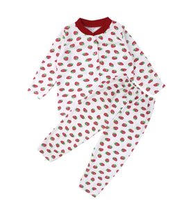 Kız Çocuk Ekru Kırmızı Çilek Baskılı Çıtçıtlı Pijama Takımı