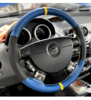 DİKİŞLİ DİREKSİYON KILIFI MAVİ / KARBON DERİ SARI YÜZÜK SARI DİKİŞLİ CHEVROLET AVEO İÇİN