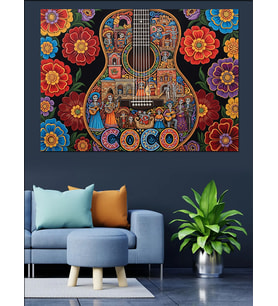 Renkli Desenli Soyut Mandalalar Ve Klasik Gitar Dekoratif Kanvas - Mdf Ahşap Tablo