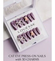 Louésse Velvet Glow Takma Tırnak Seti 12’li Cat Eye Parlak ve 3D Taş Detaylı Tasarım