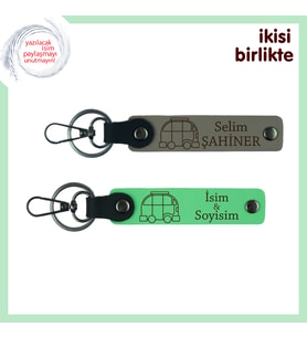 Seyahat Aşkıyla Dolu Ruhlara, Karavanlı Kişisel Deri Anahtarlık Takımı, Kül Gri-Fıstık Yeşil