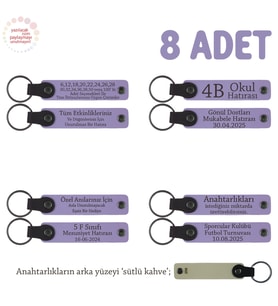 Sınıf Etkinliklerinde Özel Hediyelik 8'li Set Anahtarlık, Öğrenci İsmi Yazılı, Mor Menekşe & S Kahve (Lila - Mor)