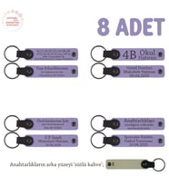 Sınıf Etkinliklerinde Özel Hediyelik 8'li Set Anahtarlık, Öğrenci İsmi Yazılı, Mor Menekşe & S Kahve (Lila - Mor)