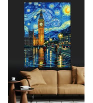 Londra Big Ben Yıldızlı Gece Dekoratif Kanvas - Mdf Ahşap Tablo