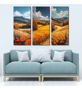 3'lü Sonbahar Manzarası ve Ayçiçeği Tarlası Kanvas Tablo Seti - Doğa Temalı Duvar Dekoru - 30x70 cm