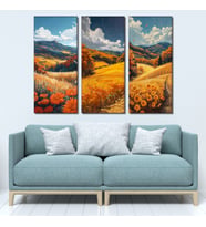 3'lü Sonbahar Manzarası ve Ayçiçeği Tarlası Kanvas Tablo Seti - Doğa Temalı Duvar Dekoru - 30x70 cm