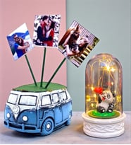 Kişiye Özel Hediye Seti 3 Fotoğraflı Mavi Vosvos Saksı ve Led Işıklı Fanus (Model 4)