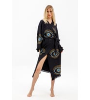 Müslin Kimono %100 Pamuklu Göz Baskılı Desenli Bornoz Kaftan Sabahlık (Siyah)