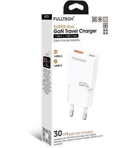 30W Gan Süper Ince Hızlı Şarj Adaptörü 1X Usb-A + 1X Usb-C Pd 30W & Qc 3.0 Destekl