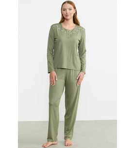 Sıfır Yaka Düğmeli Pijama Takım - Yeşil