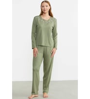 Sıfır Yaka Düğmeli Pijama Takım - Yeşil