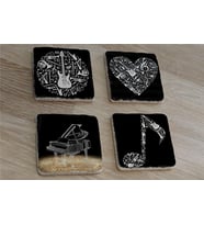 Siyah Beyaz Müzik Görselleri Doğal Taş Bardak Altlığı 4'lü set - Natural Stone Coasters