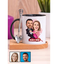 Romantik Sevgililer Günü Hediyesi Karikatürlü Ahşap Altlıklı Siyah Kupa Bardak