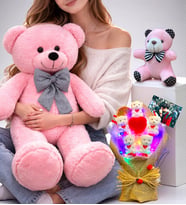 Pembe Büyük Peluş Ayıcık, Kişiye Özel Fotoğraflı Led Işıklı Buket ve Anahtarlık Seti (Model 4)