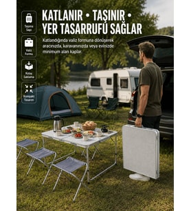 Ayarlanabilir Yükseklikli Kamp ve Piknik Masası 4 Kişilik Katlanabilir Masa Seti