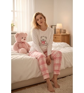 Kadın Ayıcıklı Nakışlı Kalpli Pamuklu Uzun Kollu Mevsimlik Sevgililer Günü Hediyesi Pijama Takımı (Pembe)