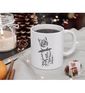 BK Gift Kişiye Özel Tam Boy Karakalem Kedi Karikatürlü Beyaz Kupa Bardak-1
