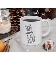 BK Gift Kişiye Özel Tam Boy Karakalem Kedi Karikatürlü Beyaz Kupa Bardak-1