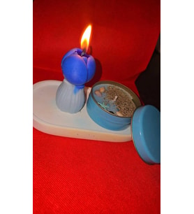 Hediyelik: 2 renkli kokulu lale mum yanında teneke kutuda mum ve terrazzo tabağından oluşan 3'lü set