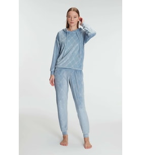 Kadın Mavi Uzun Kollu Kapüşonlu Polarlı Pijama Takımı (Renksiz)