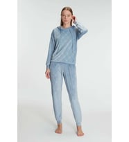 Kadın Mavi Uzun Kollu Kapüşonlu Polarlı Pijama Takımı (Renksiz)