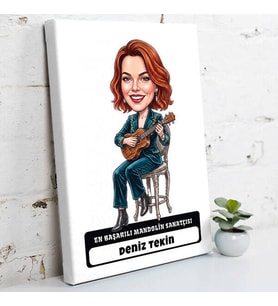 Mandolin Sanatçısına Hediye Kadın Karikatürlü Kanvas Tablo
