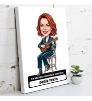 Mandolin Sanatçısına Hediye Kadın Karikatürlü Kanvas Tablo