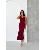 Neşeli butik kadın bordo omuz gold toka detaylı midi boy elbise NBK090