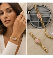 Premium Parlak ve Şık Pembe Kadranlı Gold Renk Kadın Saat