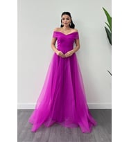 Organze Kumaş Kayık Yaka Prenses Elbise - FUŞYA