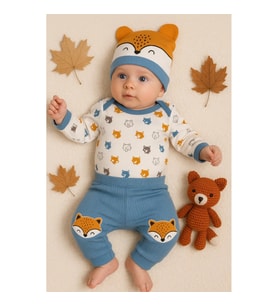 3-12 Ay Erkek Bebek Alt&Üst Takımı Little Fox 3'lü Mavi