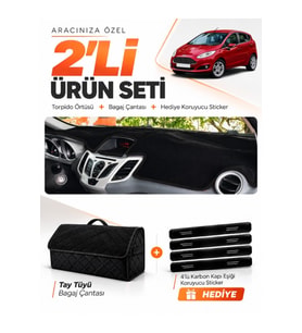 e-biz FORD FİESTA (2008-2017) Uyumlu Torpido Örtüsü + Tay Tüyü Bagaj Çantası Seti - Siyah - FO008