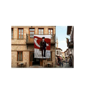 Takım Elbiseli Mustafa Kemal Atatürk Türk Bayrağı Önünde Poster Bayrak Premium Raşel Kumaş 300x450cm ATA1